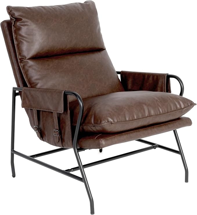 1 Pc Faux Leather Accent Chair for Living Room, 24" High Backrest Upholstered Armchair, Ergonomic Design, Soft Thickened Cushion Comfy Leisure Chair, Mid Century Modern Single Sofa, Dark Brown
