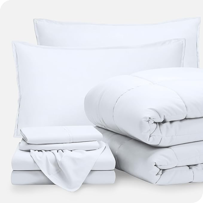 Bare Home Bed-in-A-Bag 7 Piece Comforter & Sheet Set - Full - Goose Down Alternative - Ultra-Soft 1800 Premium - Bedding Set (Full, White/White)