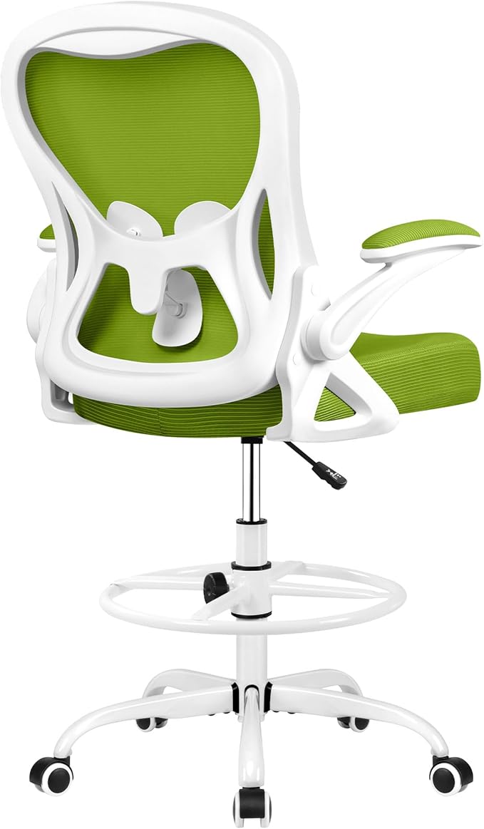 Winrise Ergonomic Drafting Chair with Lumbar Support - Adjustable Height Office Chair for Standing Desks, Flip-Up Armrests & Foot Ring (Green)