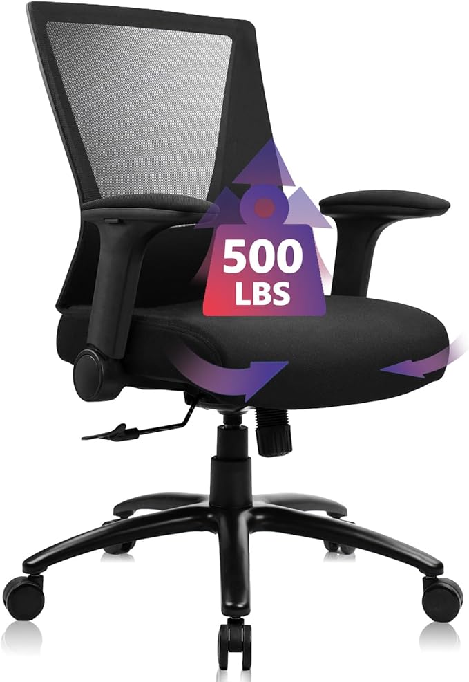 CLATINA Big and Tall Office Chair Heavy Duty Ergonomic Desk Chair 500lbs with Flip-up Arms & Wide Thick Seat Cushion Home Executive Swivel Mesh Chair for Study, Conference, Black