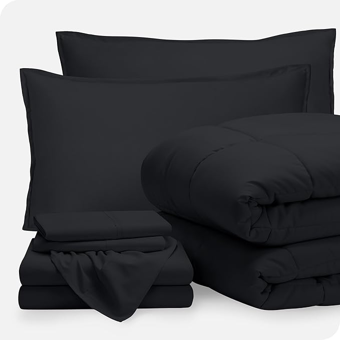 Bare Home Bed-in-A-Bag 7 Piece Comforter & Sheet Set - Queen - Goose Down Alternative - Ultra-Soft 1800 Premium - Bedding Set (Queen, Black/Black)