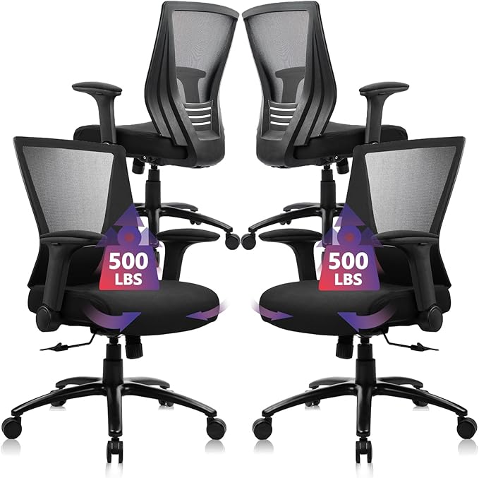 CLATINA Big and Tall Office Chair Heavy Duty Ergonomic Desk Chair 500lbs with Flip-up Arms & Wide Thick Seat Cushion Home Executive Swivel Mesh Chair for Study, Conference, Black (4 PK)