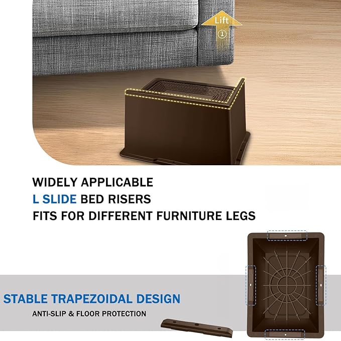 ANNKUT Bed Risers 4 Inch Heavy Duty,Oversized Couch Risers, Extra Wide Furniture Risers for Sofa Table Desk Headboard Chair Lifting,Rectangle Risering Blocks Support 6000 lbs(6 Pack Brown)