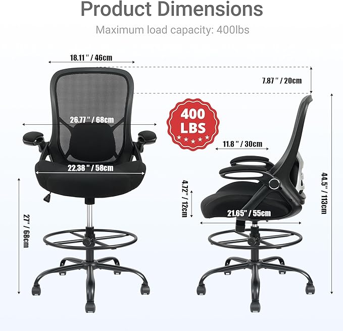 HYLONE 400lbs Big and Tall Heavy Duty Drafting Chair 5" Thickened Seat Tall Office Chair Flip-Up Armrests Ergonomic Chair with Lumbar Support and Adjustable Footrest Ring Standing Desk Chair (Black)