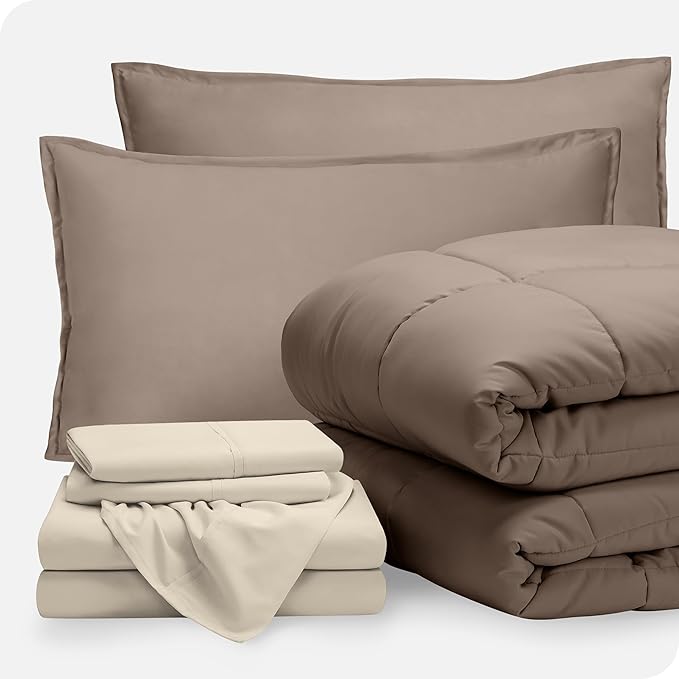 Bare Home Bed-in-A-Bag 7 Piece Comforter & Sheet Set - Full - Goose Down Alternative - Ultra-Soft 1800 Premium - Bedding Set (Full, Taupe/Sand)