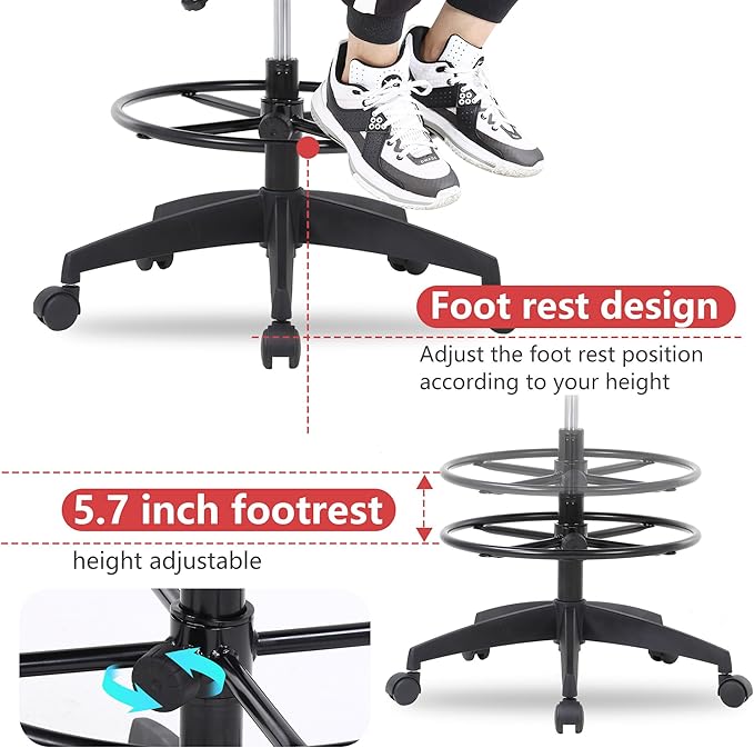 BestOffice Drafting Chair Tall Office Chair Adjustable Swivel Rolling Mesh Height with Lumbar Support Arms Footrest Mid Back for Adults Standing Desk Drafting Stool (Light Pink)