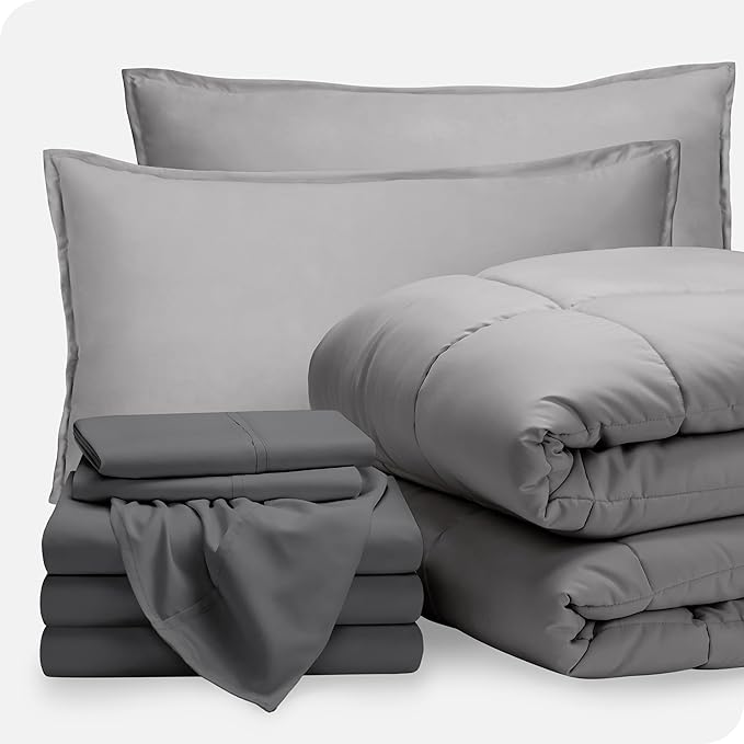 Bare Home Bed-in-A-Bag 8 Piece Comforter & Sheet Set - Split California King - Goose Down Alternative - Ultra-Soft 1800 Premium Bedding Set (Split Cal King, Light Grey/Grey)