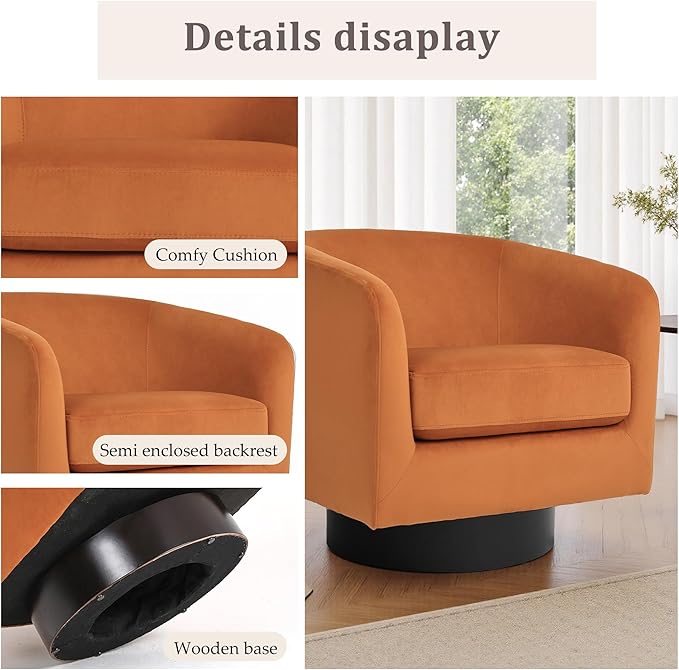 UIXE Swivel Barrel Accent Chair, Velvet Upholstered Armchair Modern Round Club Arm Chair for Living Room, Comfy Single Sofa Seating Bedroom Side Reading Seat for Home Office - Orange