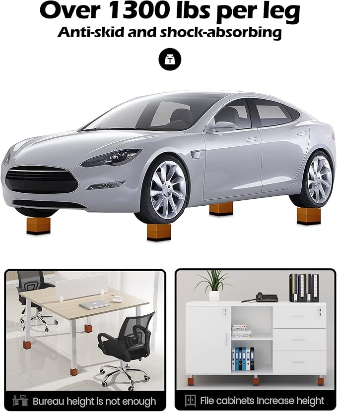 Furniture Risers, Tclouda Bed/Sofa/Desk/Table/Chair Leg/Fridge Lifts to 1.5, 3 and 4 in, Rectangle Adjustable Risers Blocks for Extenders, Heavy Duty Supports Up to 1300 Lbs, 4 in-Brown-Rectangle