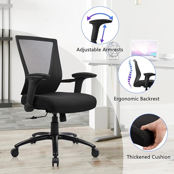 CLATINA Big and Tall Office Chair Heavy Duty Ergonomic Desk Chair 500lbs with Flip-up Arms & Wide Thick Seat Cushion Home Executive Swivel Mesh Chair for Study, Conference, Black (4 PK)