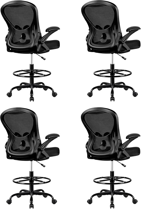 Winrise Drafting Chair, Tall Office Chair Ergonomic Standing Desk Chair, Lumbar Support Computer Chair Swivel Task Rolling Chair with Adjustable Flip-up Armrests Black Pack of 4