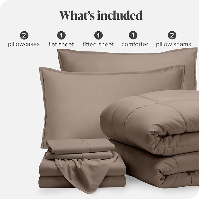 Bare Home Bed-in-A-Bag 7 Piece Comforter & Sheet Set - Full - Goose Down Alternative - Ultra-Soft 1800 Premium - Bedding Set (Full, Taupe/Taupe)