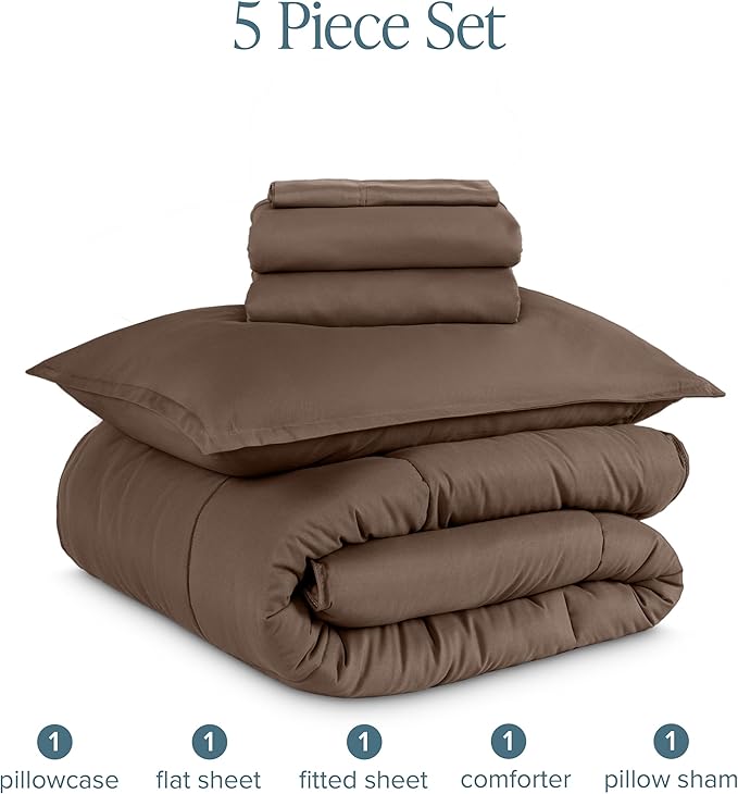 Bare Home Bed-in-A-Bag 5 Piece Comforter & Sheet Set - Twin XL - Goose Down Alternative - Ultra-Soft 1800 Premium Bed Set (Twin XL, Cocoa/Cocoa)