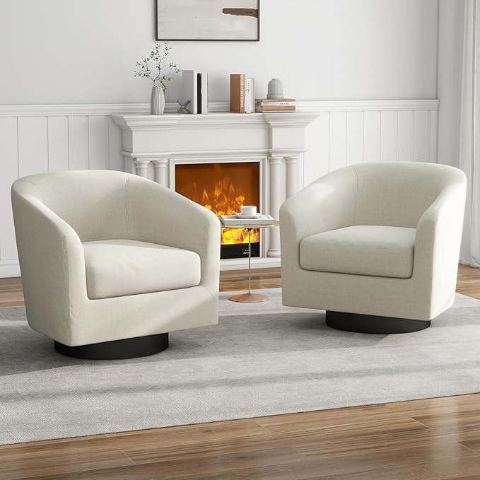 UIXE Swivel Barrel Accent Chairs Set of 2, Fabric Upholstered Armchair Modern Round Club Arm Chair for Living Room, Comfy Single Sofa Seating Bedroom Side Reading Seat - Beige