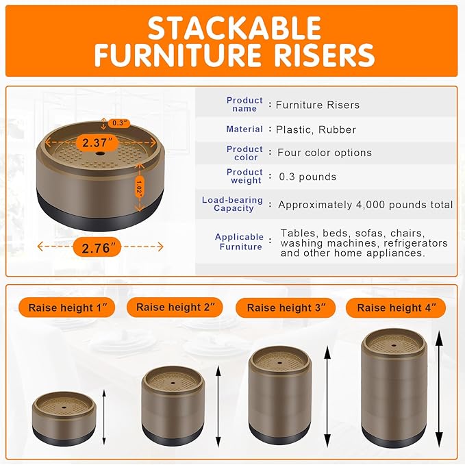 Furniture Risers Bed Risers Heavy Duty 1 inch, 2 inch, 3 inch, 4 inch Round Adjustable Bed Lifts Riser for Desk Legs Table Couch Sofa Chair Refrigerator Washing Machine (1 Inch, Brown, 16 Pack )
