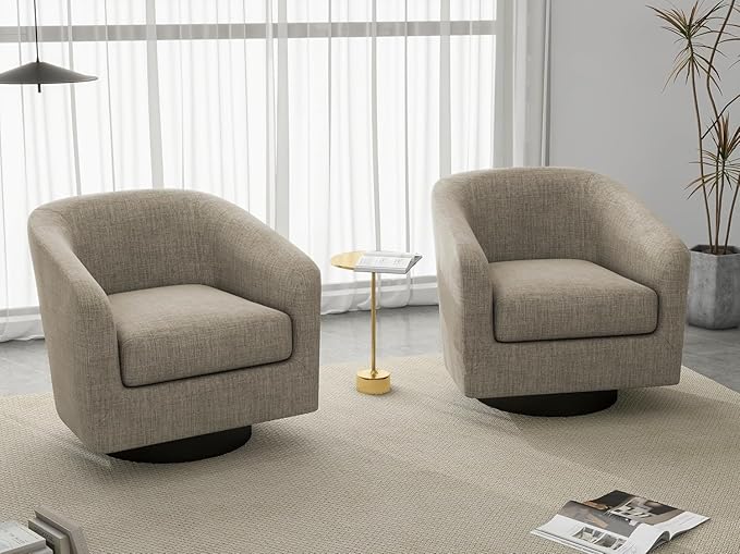 UIXE Swivel Barrel Accent Chairs Set of 2, Fabric Upholstered Armchair Modern Round Club Arm Chair for Living Room, Comfy Single Sofa Seating Bedroom Side Reading Seat for Home Office - Light Brown