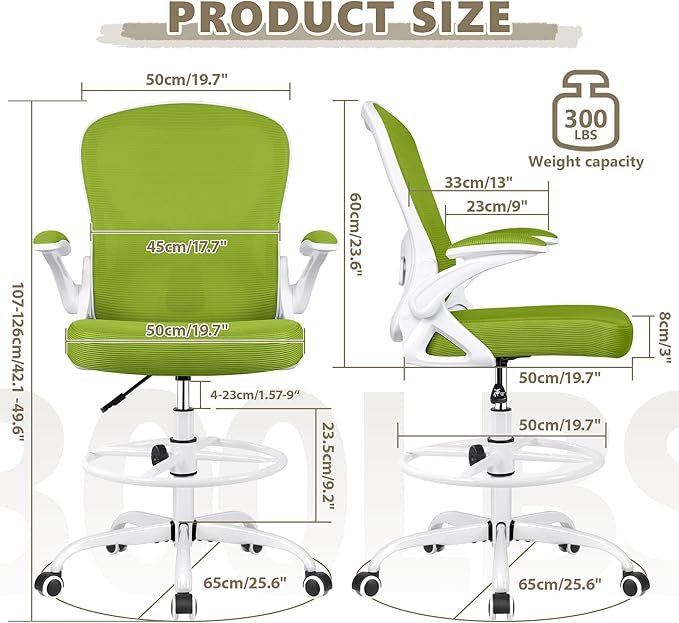 Winrise Ergonomic Drafting Chair with Lumbar Support - Adjustable Height Office Chair for Standing Desks, Flip-Up Armrests & Foot Ring (Green)