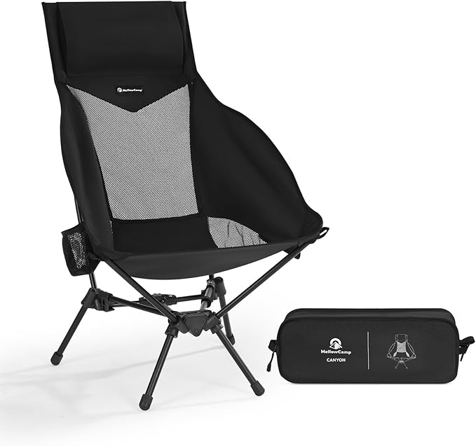 MellowCamp High Back Camping Chair, Oversized Comfort Design Collapsible Camp Chair with Pillow (Black)
