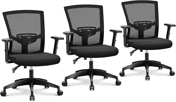 MAISON ARTS Mesh Office Chair Set of 3, Ergonomic Home Desk Chair with Lumbar Support, Mid-Back Computer Task Chair with Breathable Mesh and Adjustable Armrests for Home Office