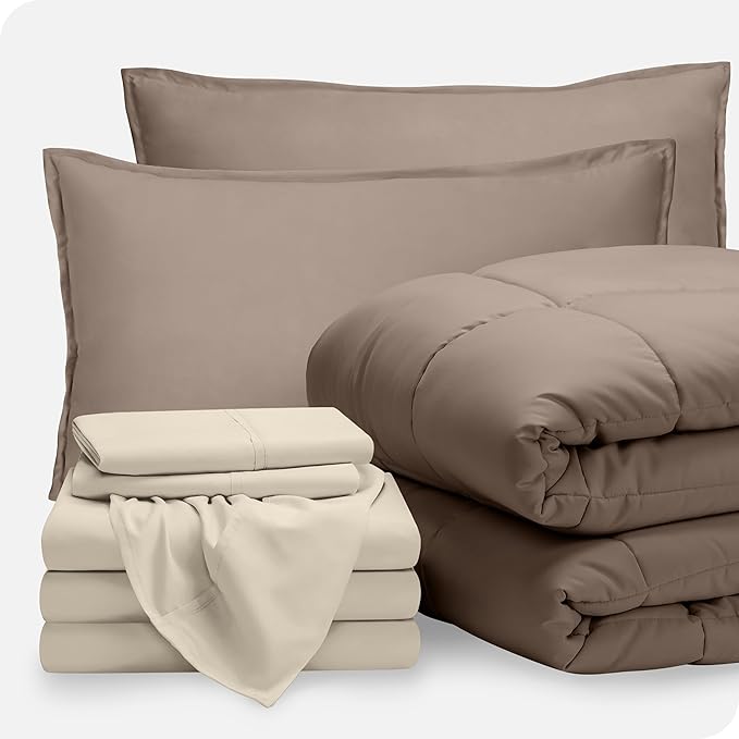 Bare Home Bed-in-A-Bag 8 Piece Comforter & Sheet Set - Split King - Goose Down Alternative - Ultra-Soft 1800 Premium Bed Set (Split King, Taupe/Sand)