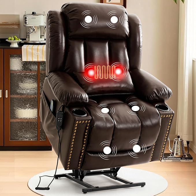 Oversized Power Lift Recliner Chair for Elderly Big and Tall, Dual Motor Heavy-Duty Lift Chair with Heat & Massage, Lay Flat Wide Recliner, USB-C, Cup Holders, Lumbar Pillow, PU Leather, Brown