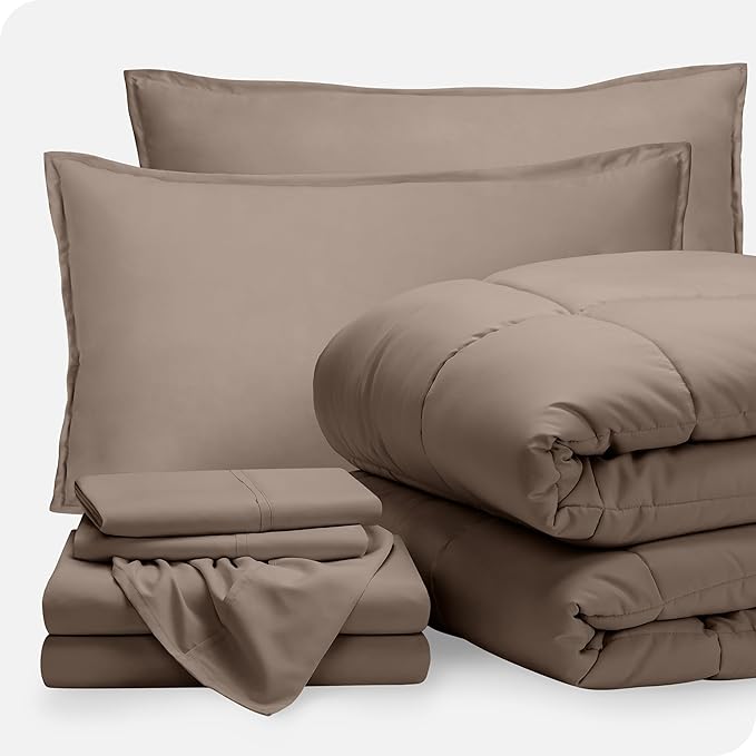 Bare Home Bed-in-A-Bag 7 Piece Comforter & Sheet Set - Full - Goose Down Alternative - Ultra-Soft 1800 Premium - Bedding Set (Full, Taupe/Taupe)