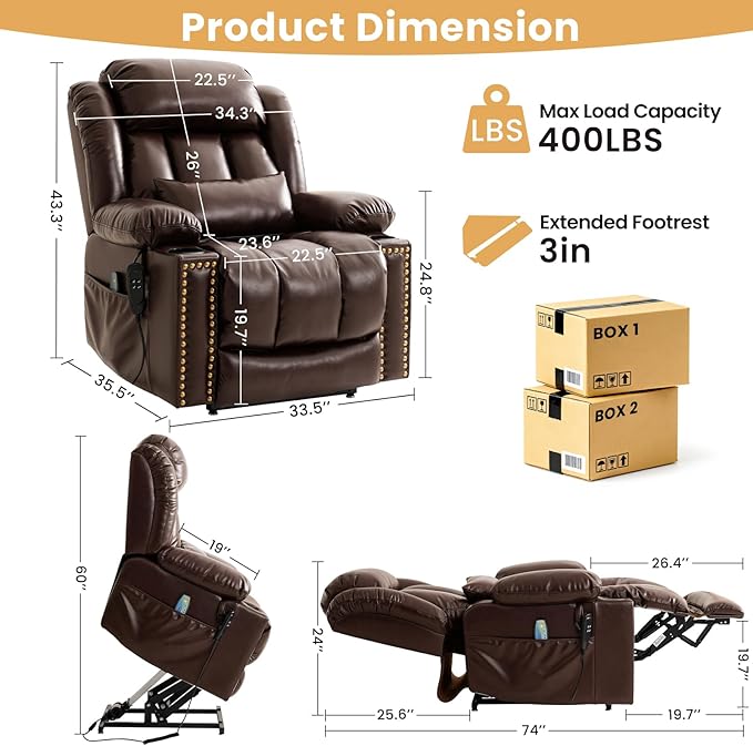 Oversized Power Lift Recliner Chair for Elderly Big and Tall, Dual Motor Heavy-Duty Lift Chair with Heat & Massage, Lay Flat Wide Recliner, USB-C, Cup Holders, Lumbar Pillow, PU Leather, Brown