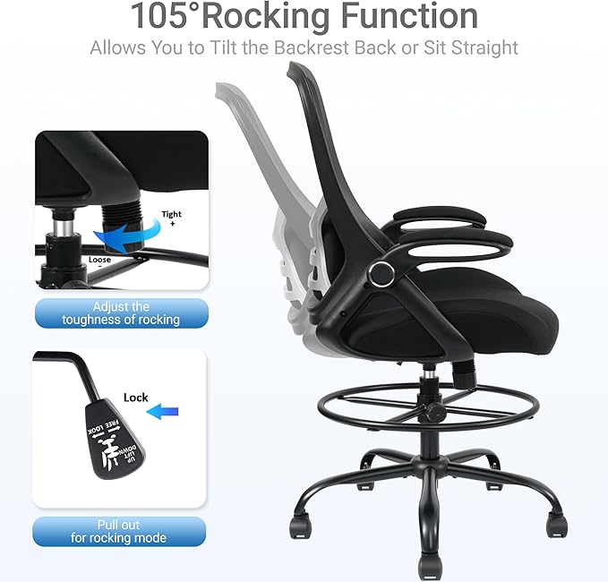 HYLONE 400lbs Big and Tall Heavy Duty Drafting Chair 5" Thickened Seat Tall Office Chair Flip-Up Armrests Ergonomic Chair with Lumbar Support and Adjustable Footrest Ring Standing Desk Chair (Black)