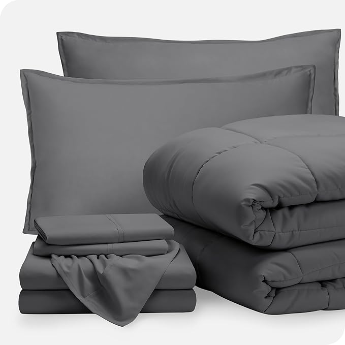 Bare Home Bed-in-A-Bag 7 Piece Comforter & Sheet Set - Full - Goose Down Alternative - Ultra-Soft 1800 Premium - Bedding Set (Full, Grey/Grey)