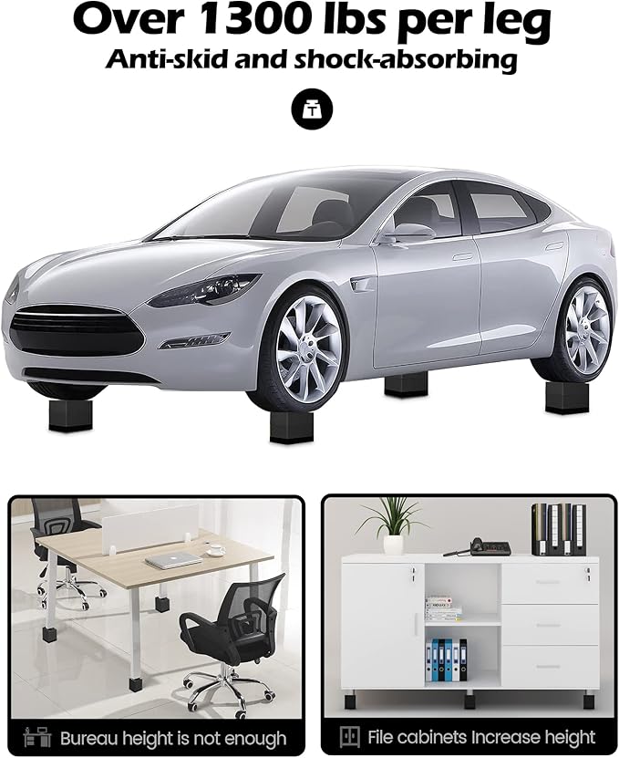 Furniture Risers, Tclouda Bed/Sofa/Desk/Table/Chair Leg/Fridge Lifts to 1.5, 3 and 4 in, Rectangle Adjustable Risers Blocks for Extenders, Heavy Duty Supports Up to 1300 Lbs, 4 in-Black-Rectangle