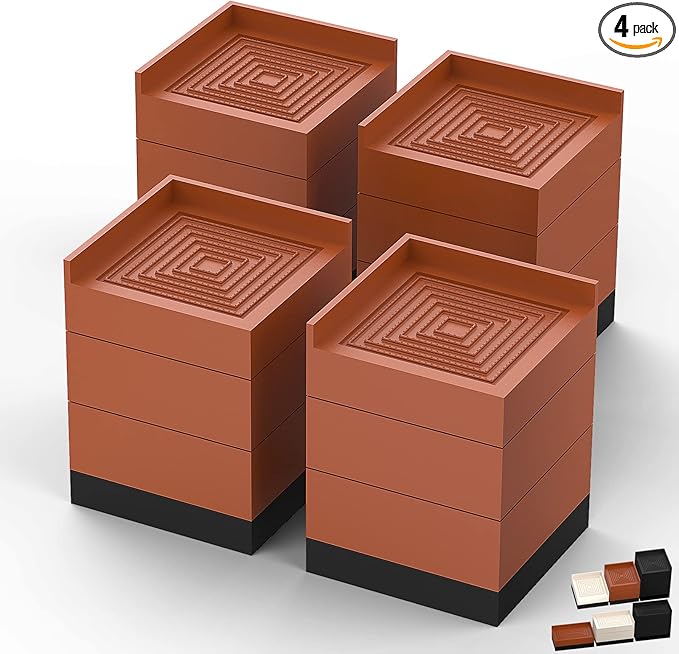 Furniture Risers, Tclouda Bed/Sofa/Desk/Table/Chair Leg/Fridge Lifts to 1.5, 3 and 4 in, Square Adjustable Risers Blocks for Extenders, Heavy Duty Supports Up to 1300 Lbs, 4 in-Brown-Square