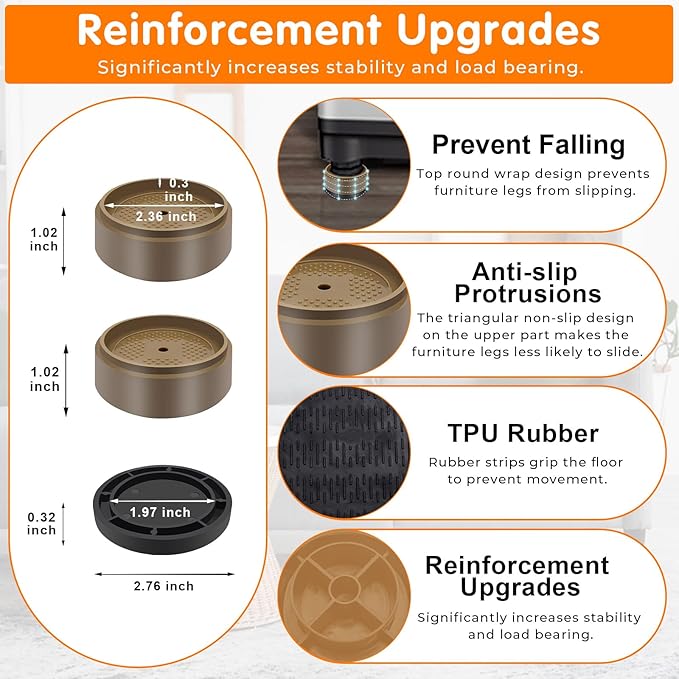 Furniture Risers Bed Risers Heavy Duty 1 inch, 2 inch, 3 inch, 4 inch Round Adjustable Bed Lifts Riser for Desk Legs Table Couch Sofa Chair Refrigerator Washing Machine (1 Inch, Brown, 16 Pack )