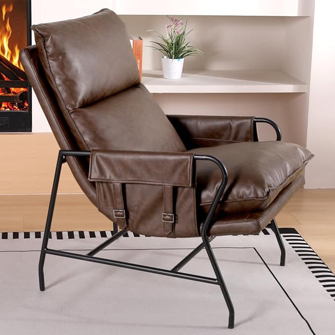 1 Pc Faux Leather Accent Chair for Living Room, 24" High Backrest Upholstered Armchair, Ergonomic Design, Soft Thickened Cushion Comfy Leisure Chair, Mid Century Modern Single Sofa, Dark Brown