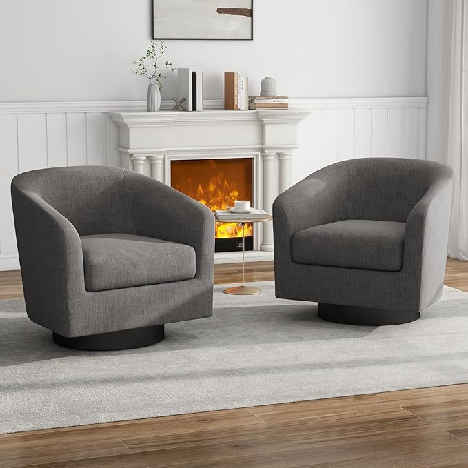 UIXE Swivel Barrel Accent Chairs Set of 2, Fabric Upholstered Armchair Modern Round Club Arm Chair for Living Room, Comfy Single Sofa Seating Bedroom Side Reading Seat for Home Office - Gray