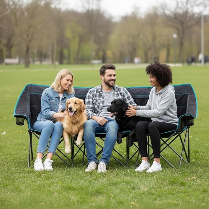 FUNDANGO Extra Wide 3 Person Camping Chair for Adults with Cooler, 1000 LBS Heavy Duty Oversized Camp Couch, Padded Folding Seat with Cup Holders for Outdoor, Sports & Lawn