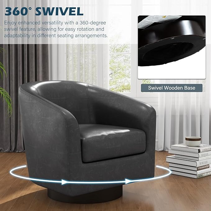 UIXE PU Leather Swivel Accent Chairs, Modern Upholstered Barrel Club Chair for Living Room, Round Armchair Single Sofa Bedroom Side Reading Seat - Charcoal Black, Set of 2
