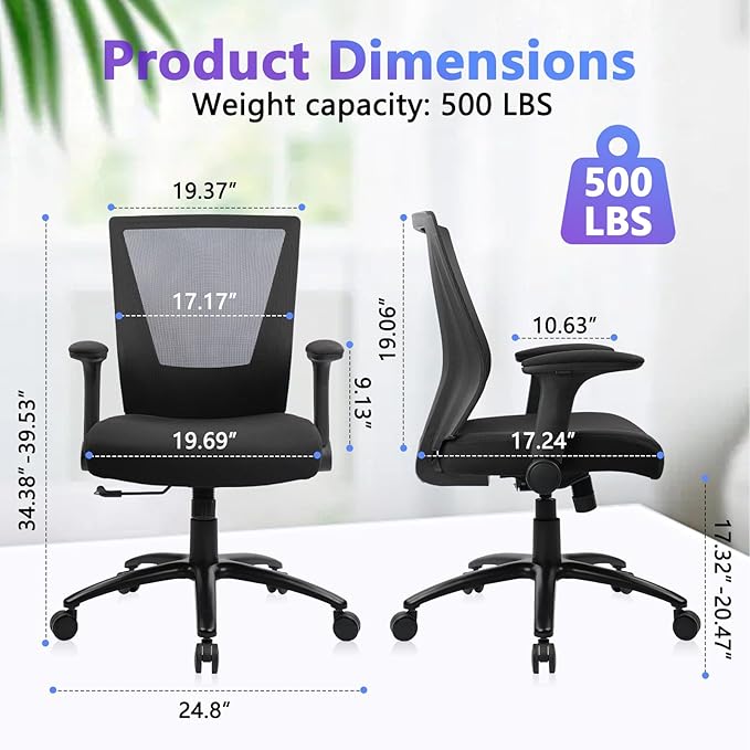 CLATINA Big and Tall Office Chair Heavy Duty Ergonomic Desk Chair 500lbs with Flip-up Arms & Wide Thick Seat Cushion Home Executive Swivel Mesh Chair for Study, Conference, Black