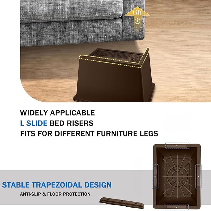 ANNKUT Bed Risers 6 Inch Heavy Duty,Oversized Couch Risers, Extra Wide Furniture Risers for Sofa Table Desk Headboard Chair Lifting,Rectangle Risering Blocks Support 6000 lbs(8 Pack Brown)