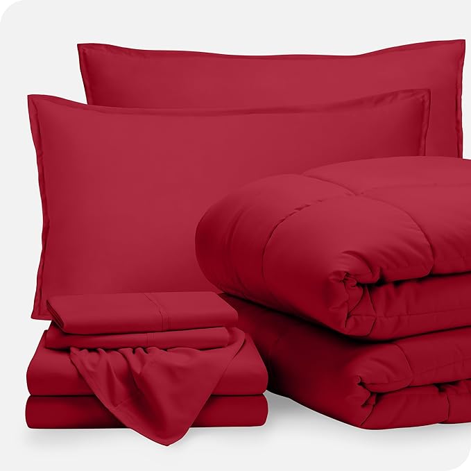 Bare Home Bed-in-A-Bag 7 Piece Comforter & Sheet Set - Full - Goose Down Alternative - Ultra-Soft 1800 Premium - Bedding Set (Full, Red/Red)