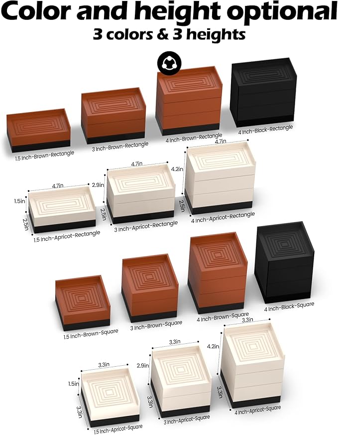 Furniture Risers, Tclouda Bed/Sofa/Desk/Table/Chair Leg/Fridge Lifts to 1.5, 3 and 4 in, Rectangle Adjustable Risers Blocks for Extenders, Heavy Duty Supports Up to 1300 Lbs, 4 in-Black-Rectangle
