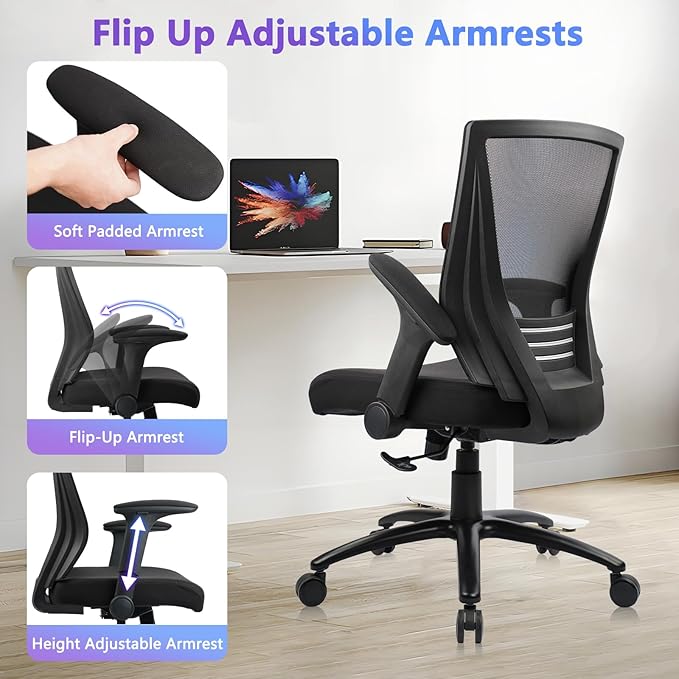 CLATINA Big and Tall Office Chair Heavy Duty Ergonomic Desk Chair 500lbs with Flip-up Arms & Wide Thick Seat Cushion Home Executive Swivel Mesh Chair for Study, Conference, Black
