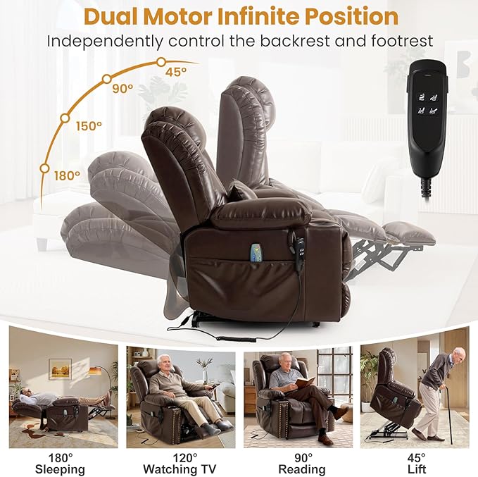 Oversized Power Lift Recliner Chair for Elderly Big and Tall, Dual Motor Heavy-Duty Lift Chair with Heat & Massage, Lay Flat Wide Recliner, USB-C, Cup Holders, Lumbar Pillow, PU Leather, Brown