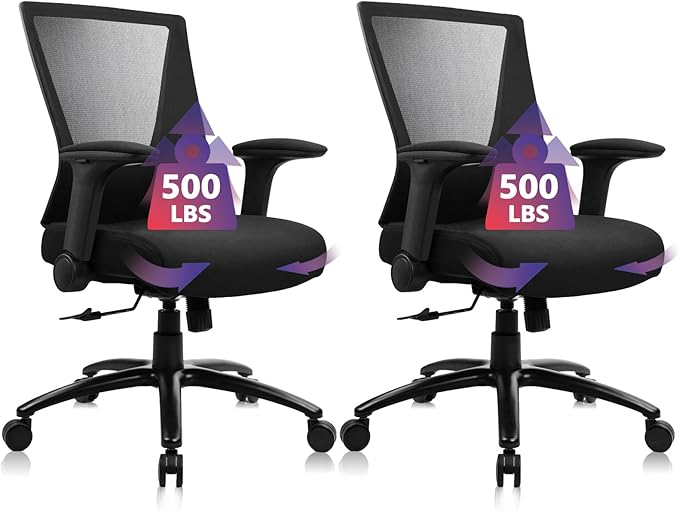 CLATINA Big and Tall Office Chair Heavy Duty Ergonomic Desk Chair 500lbs with Flip-up Arms & Wide Thick Seat Cushion Home Executive Swivel Mesh Chair for Study, Conference, Black (2 PK)