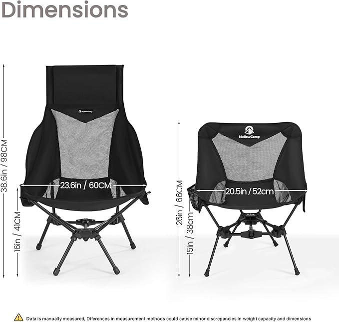 MellowCamp High Back Camping Chair, Oversized Comfort Design Collapsible Camp Chair with Pillow (Black)