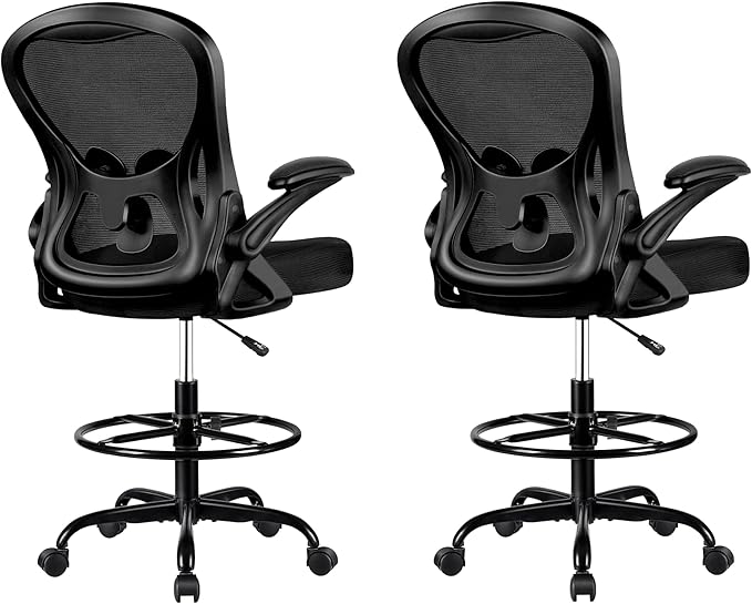 Winrise Drafting Chair, Tall Office Chair Ergonomic Standing Desk Chair, Lumbar Support Computer Chair Swivel Task Rolling Chair with Adjustable Flip-up Armrests Black Pack of 2