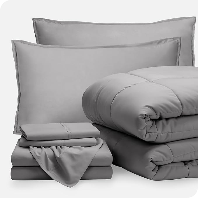 Bare Home Bed-in-A-Bag 7 Piece Comforter & Sheet Set - California King - Goose Down Alternative - Ultra-Soft 1800 Premium Bed Set (Cal King, Light Grey/Light Grey)