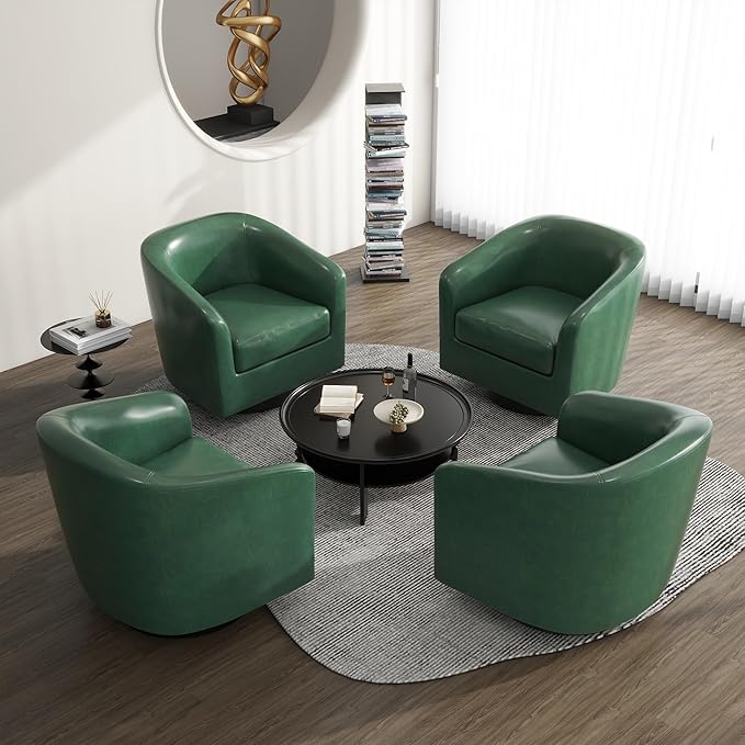UIXE 360° Swivel Barrel Accent Chair Armchair, PU Leather Round Club Arm Chair for Lving Room, Modern Upholstered Small Bedroom Single Sofa Seat - Green, Set of 4
