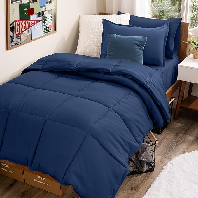 Bare Home Bed-in-A-Bag 5 Piece Comforter & Sheet Set - Twin - Goose Down Alternative - Ultra-Soft 1800 Premium Bed Set (Twin, Dark Blue/Dark Blue)