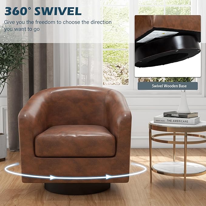 UIXE 360° Swivel Barrel Accent Chair Armchair, PU Leather Round Club Arm Chair for Lving Room, Modern Upholstered Small Bedroom Single Sofa Seat - Coffee Brown, Set of 1