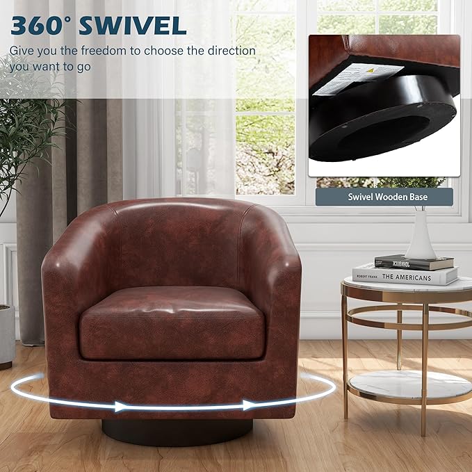 UIXE Swivel Accent Chairs Set of 2, Faux Leather Upholstered Armchair Barrel Club Chair for Living Room, Round Arm Chair Bedroom Single Sofa Reading Seat - Red Brown